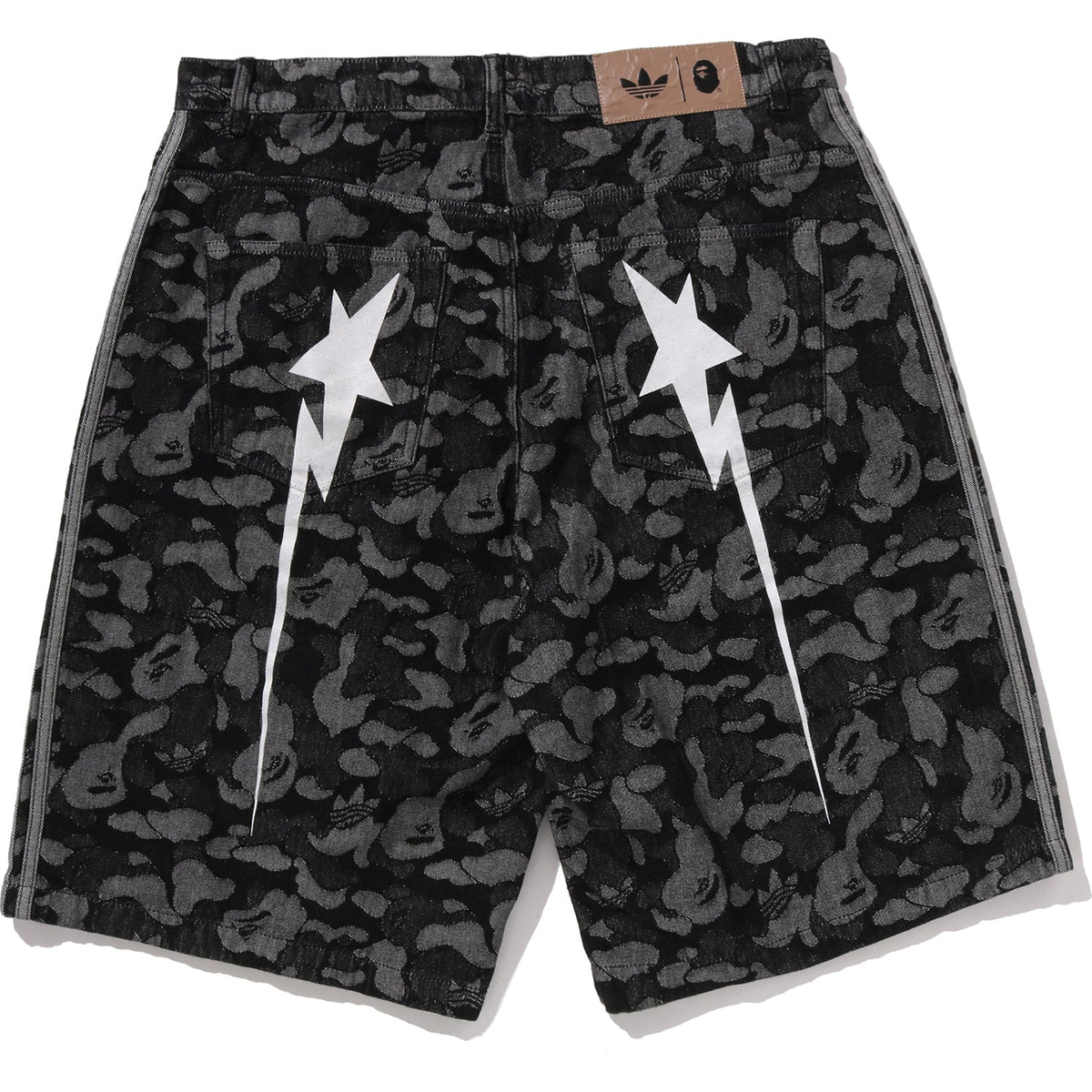 BAPE X ADIDAS CAMO JACQUARD SHARK DENIM JORTS MENS