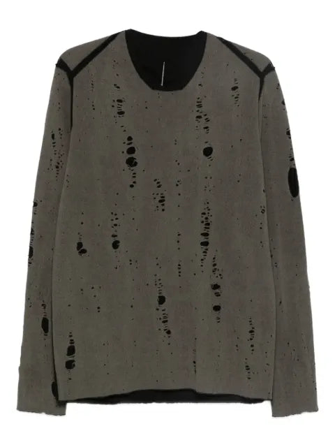 Label Under Construction sweater with a distressed finish