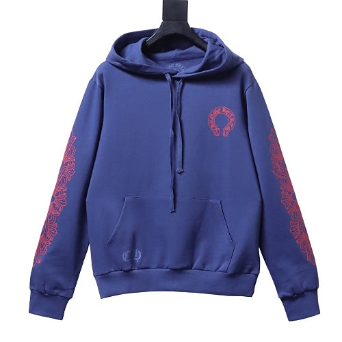 Chrome Hearts Pink Horseshoe Floral Sleeve Pullover Hoodie Blue