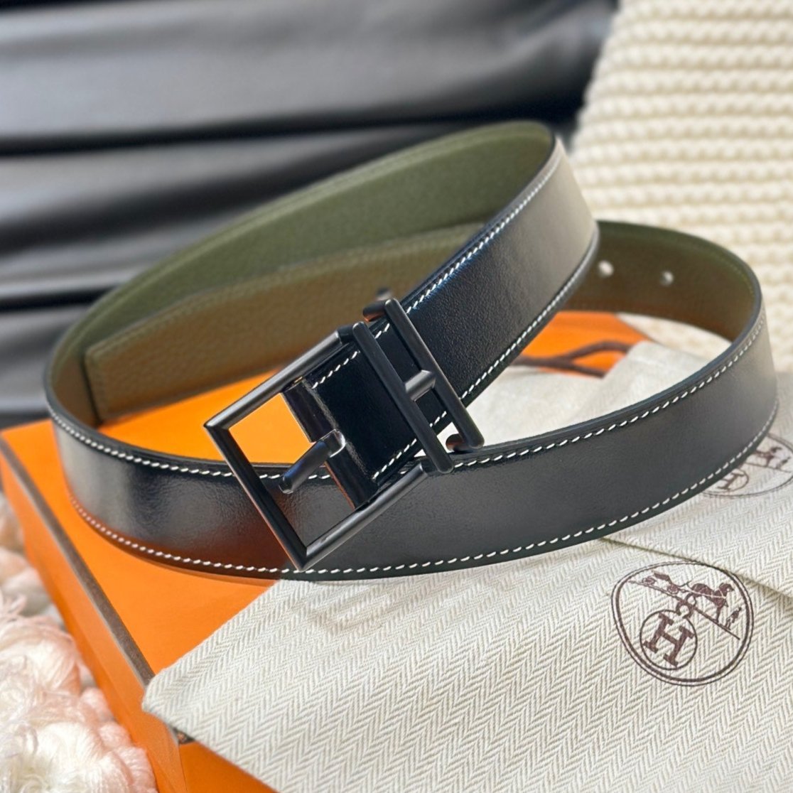 HERMES NATHAN REVERSIBLE BELT  32MM OLIVE GREEN AND BLACK LEATHER BLACK HARDWARE