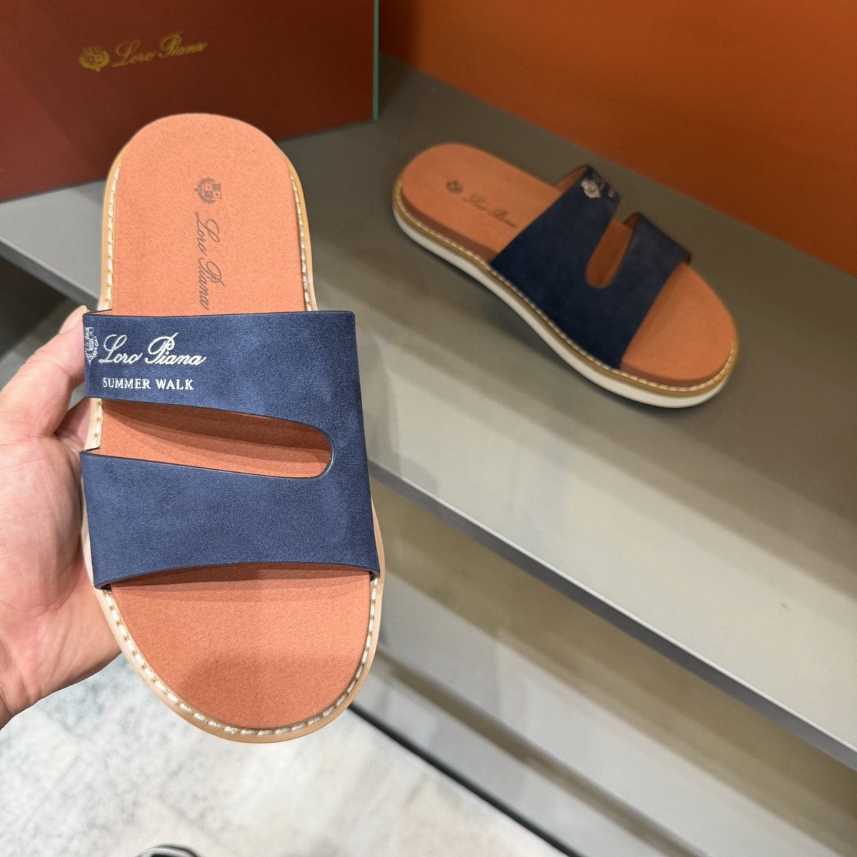 Loro Piana Navy Cutout Slide Sandals