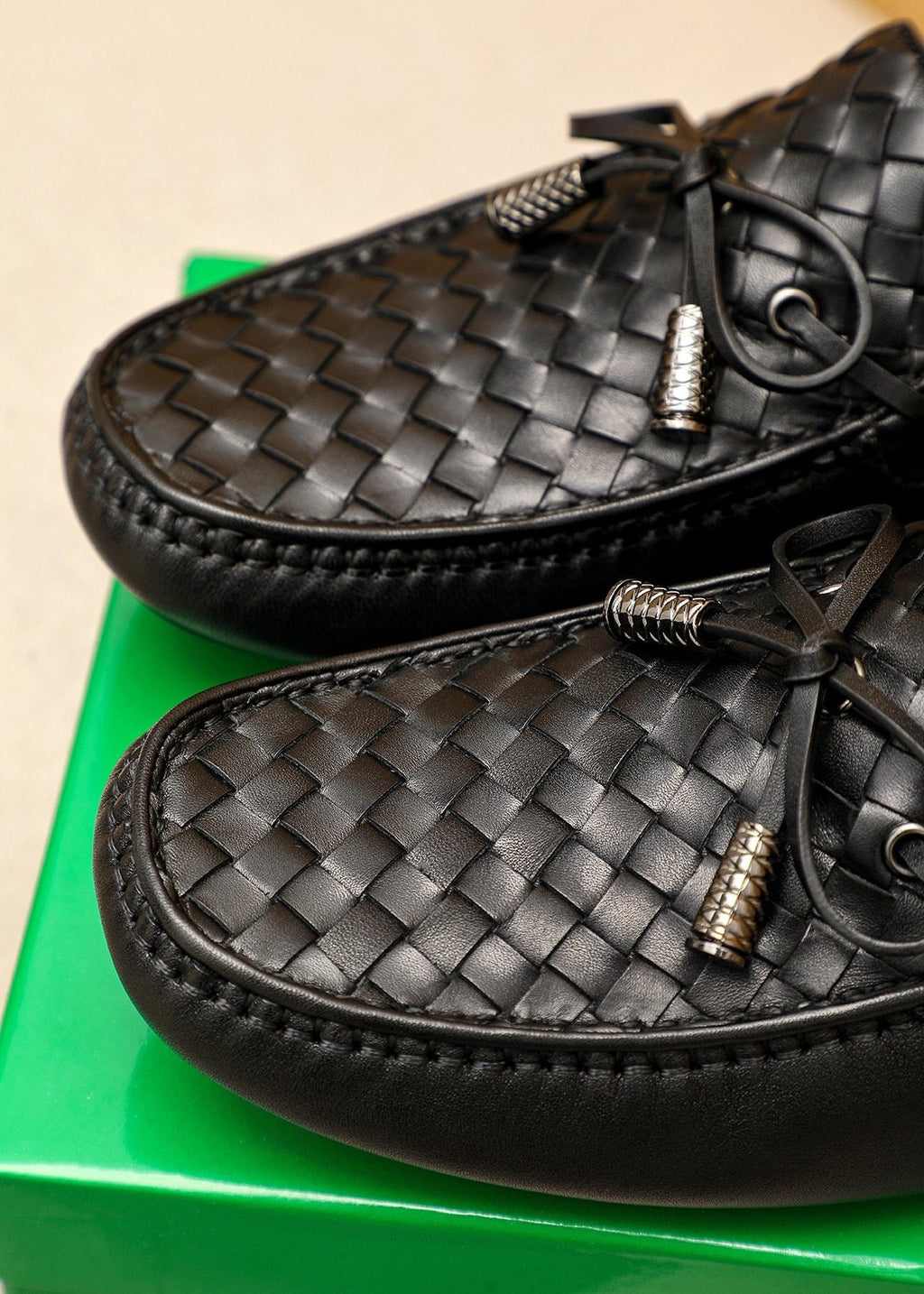 Bottega Veneta Black Woven Bow Loafers