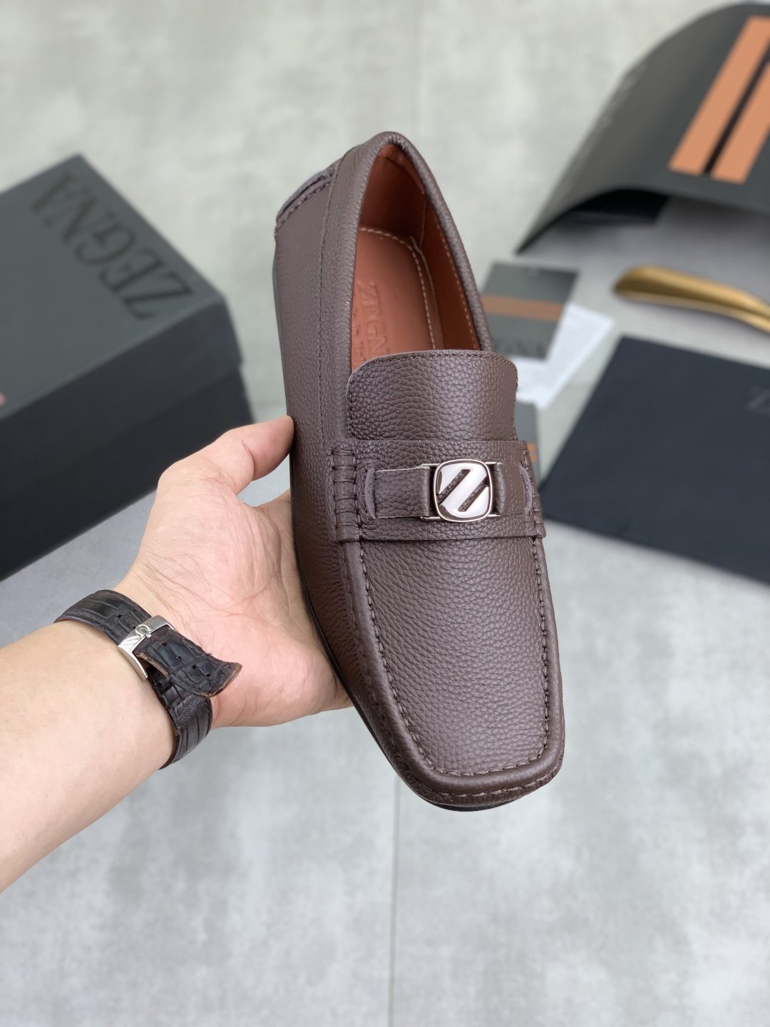 Zegna Square-Toe Leather Loafers